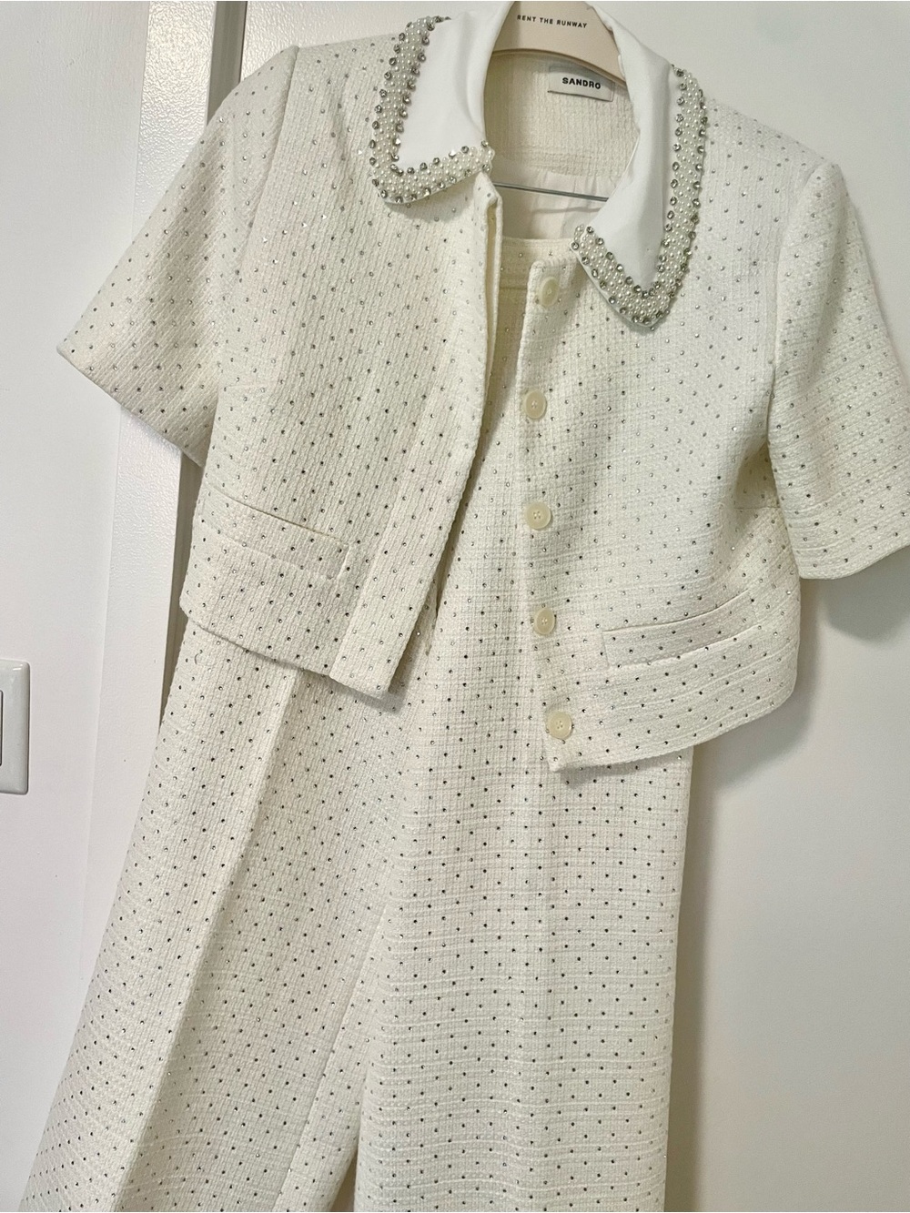 Sandro Paris Cream High-Waist Wide-Leg Pants Rhinestones embellished two-piece - Picture 4 of 4